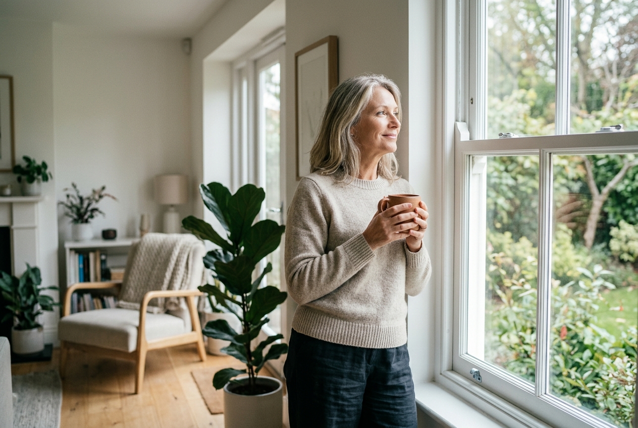 A woman standing calmly by a sunlit window at home, holding a warm mug