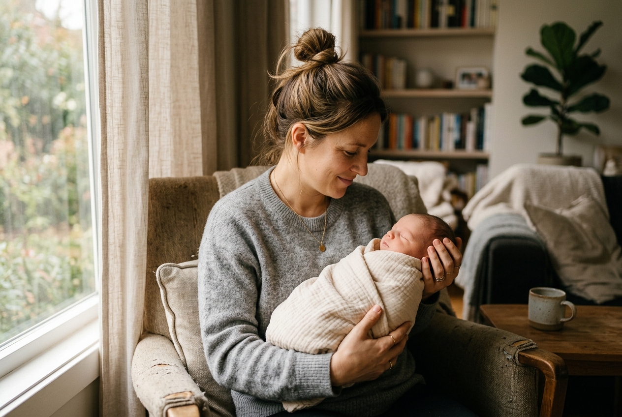 A new mother gently holding her newborn near a window in soft warm morning light