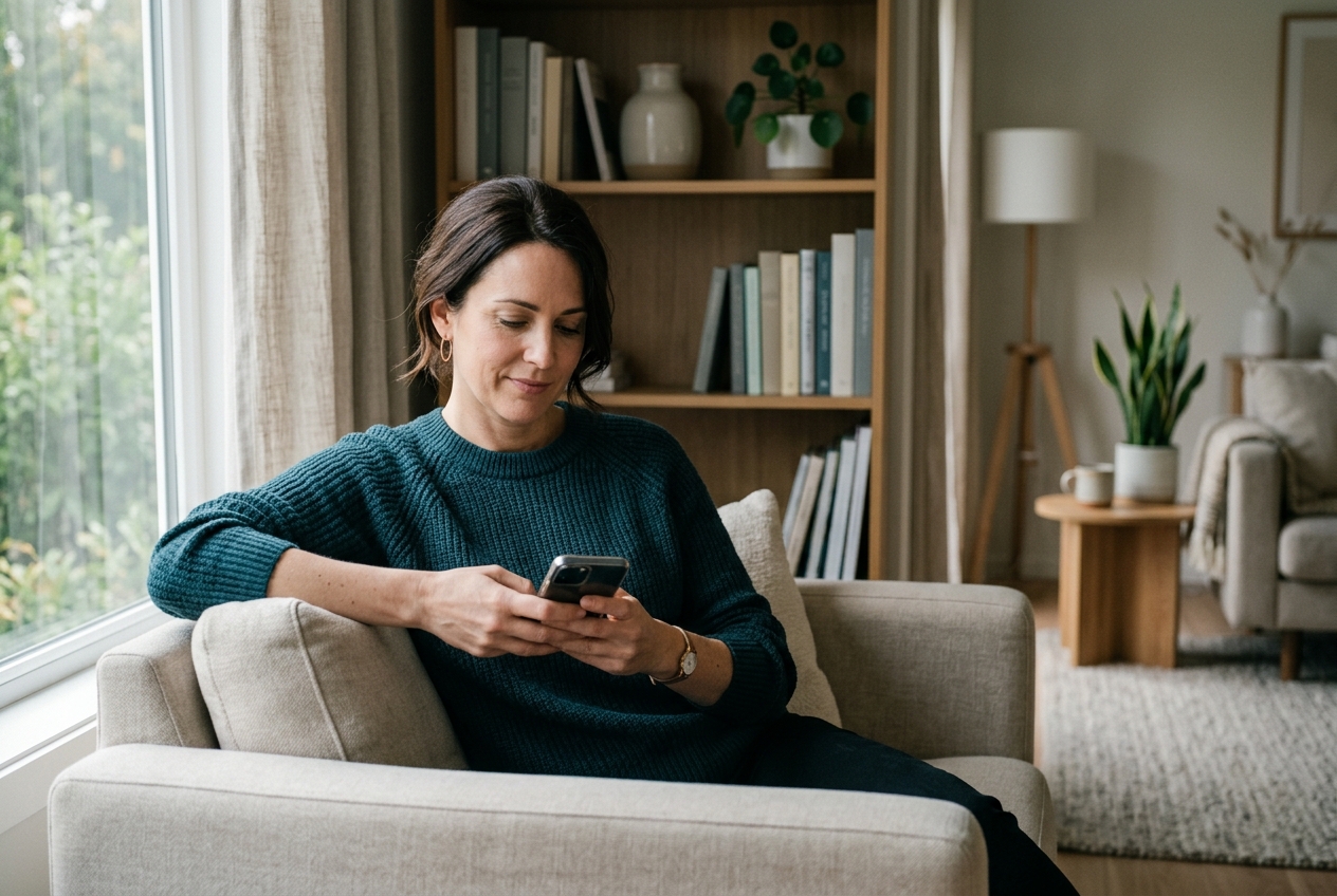 A woman sitting calmly at home in soft daylight, reading on her phone