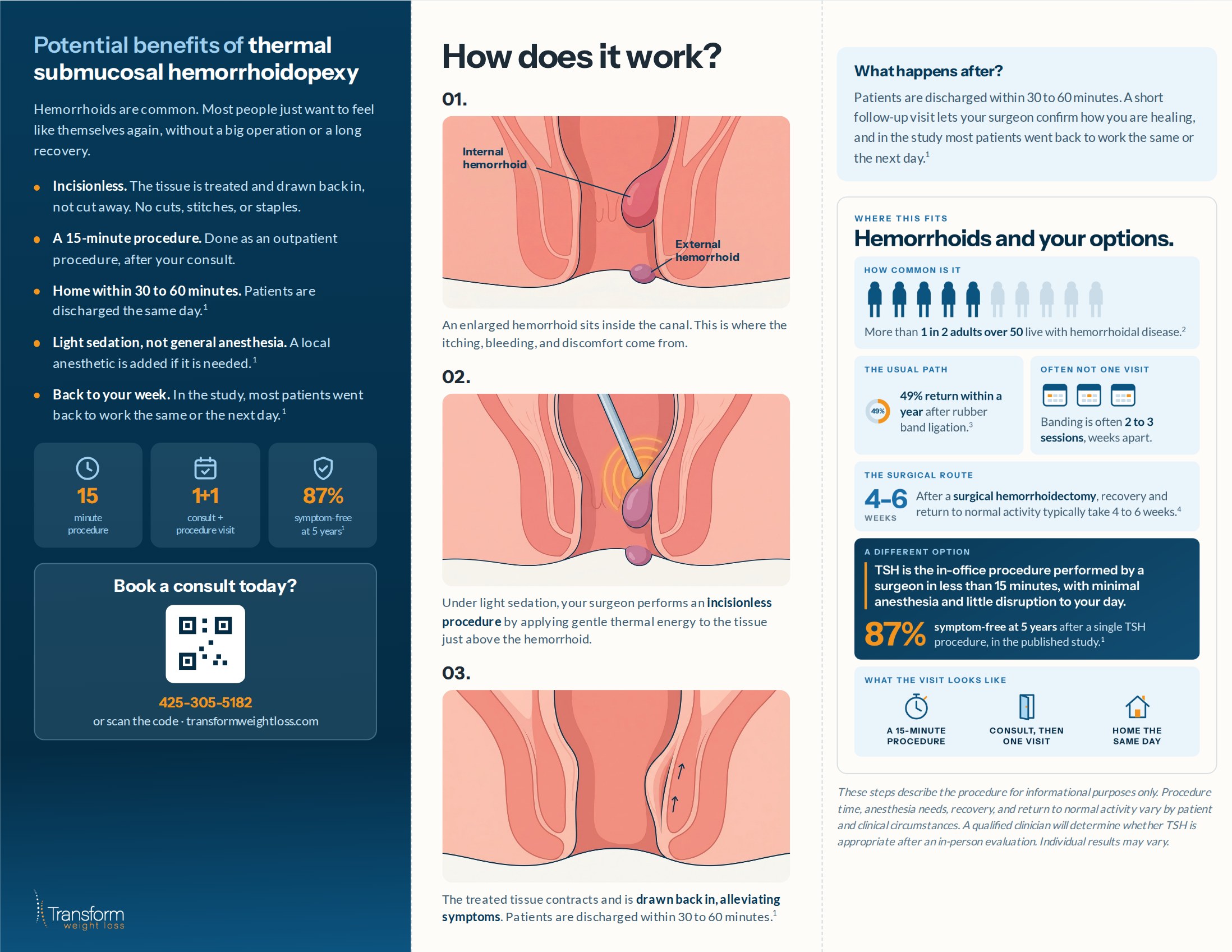 Brochure side 2: the benefits panel, the three procedure steps, and the hemorrhoids and your options infographic